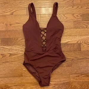 Burgundy one piece swimsuit with lace upfront size 8